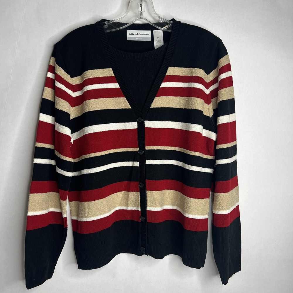 Alfred Dunner PXL Mock Twin Set Striped Black Red Cream Petite Grandmacore